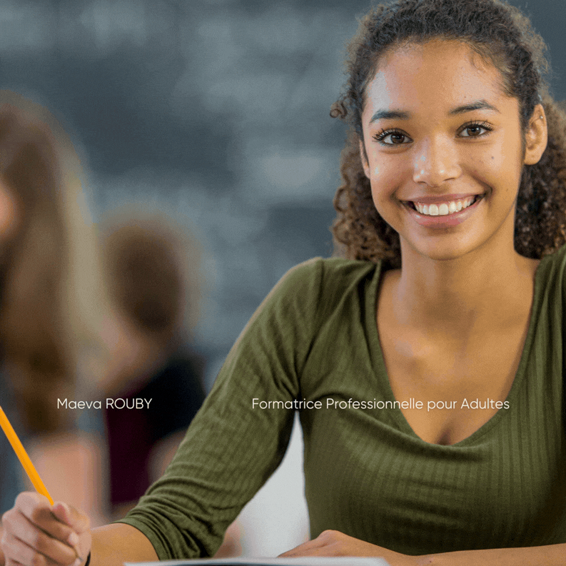 Image animé d'une apprenante avec le texte qui apparaît : "GRAINE DE COMPÉTENCES"